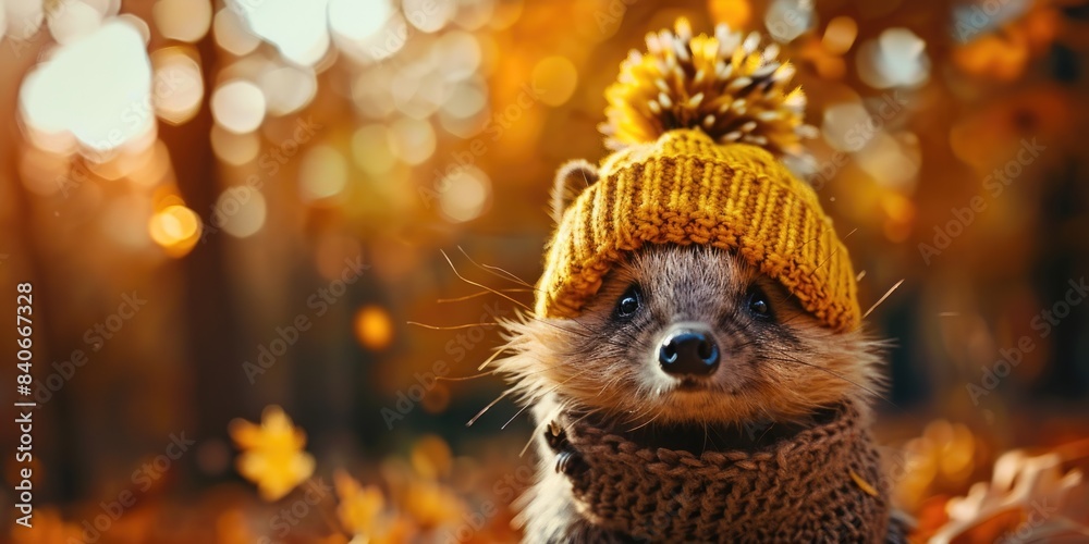 Naklejka premium A raccoon wearing a knitted hat and scarf, perfect for winter scenes or holiday-themed images