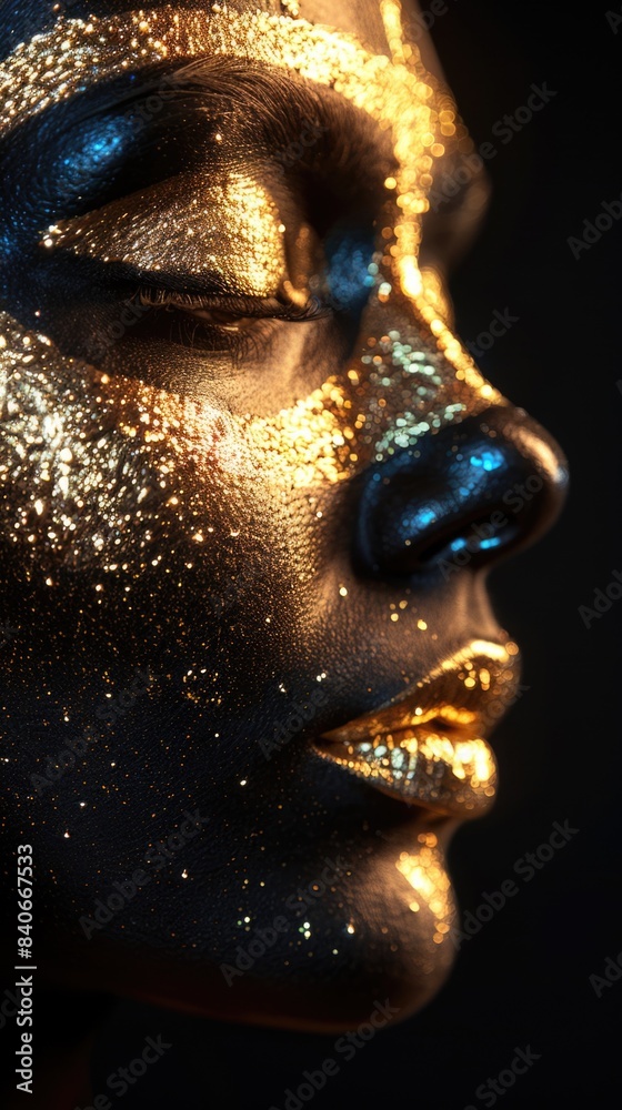 Beauty white skin woman face with golden make up portrait close up Beauty white skin woman face with golden make up portrait close up