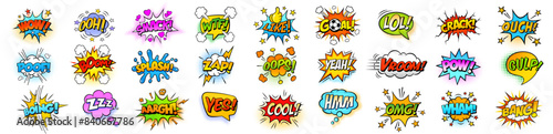 Vector set comic speech bubbles, book sound effects. Pop art messages different shapes, emotions. Comics font label tag expression, fun book balloon. Cartoon explosion cloud phrase on white background