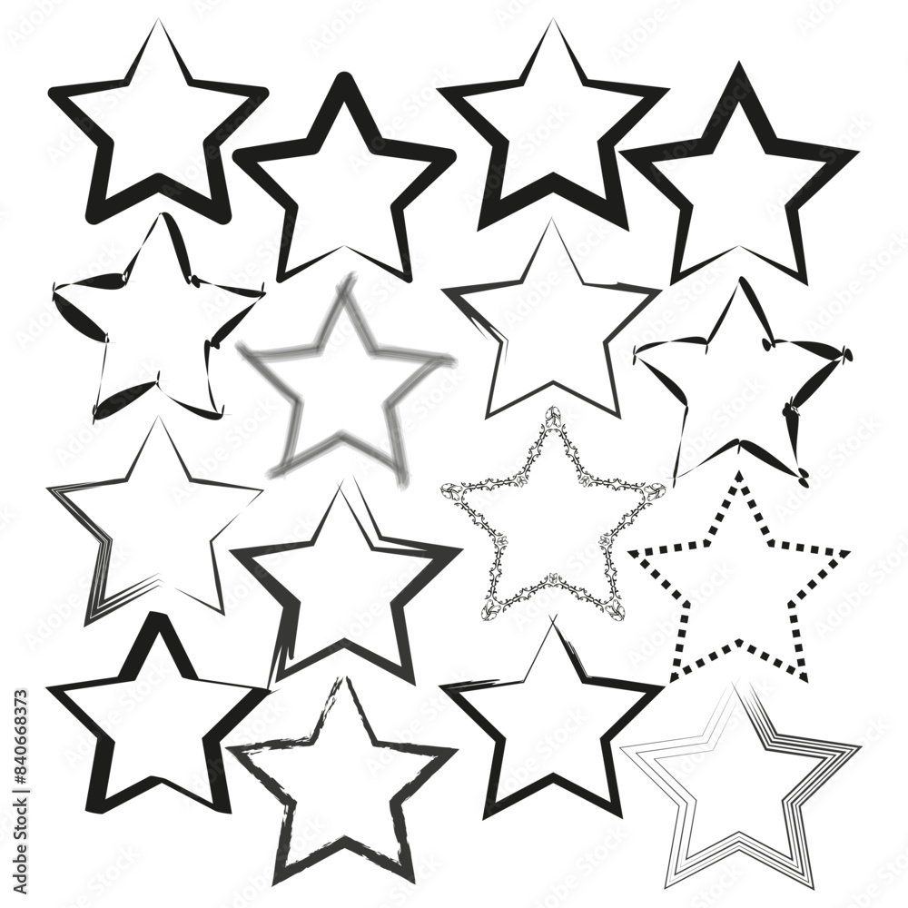 Variety of star shapes collection. Black and white star designs. Vector stars assortment. Variety of star shapes collection. Black and white star designs. Vector stars assortment.
