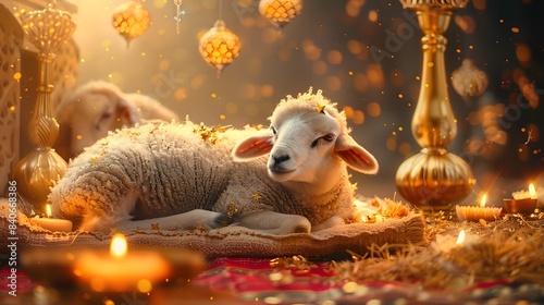 Eid al adha mubarak greeting card cute sheep estival islamic background Sacrifice islamic decoration photo