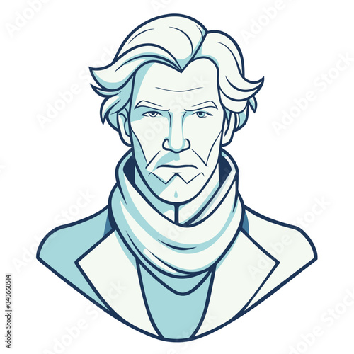portrait of a handsome man with flowing hair and a scarf.