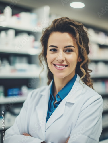 A woman wearing a lab coat stands in front of shelves, possibly preparing for an experiment or storing equipment © vefimov