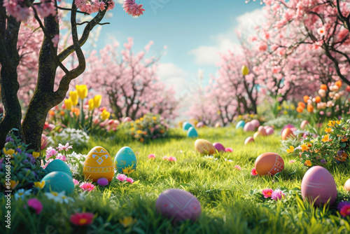 Colorful Easter Eggs Hidden in a Blooming Spring Garden with Cherry Blossoms and Tulips Under a Clear Blue Sky