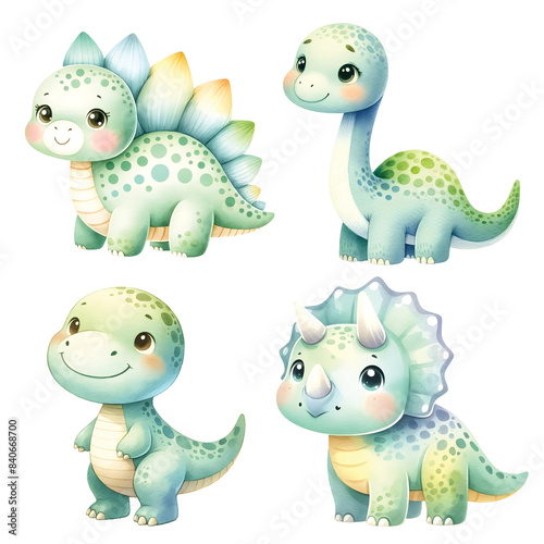 Fototapeta Naklejka Na Ścianę i Meble -  Set of whimsical baby dinosaurs watercolors: ideal for nursery decor and playful children's posters.