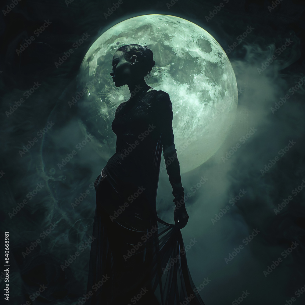 female figure as silhouette in front of the full moon