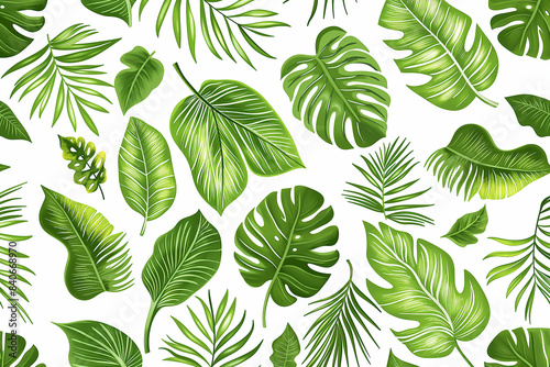 green and white illustration of tropical leaves pattern