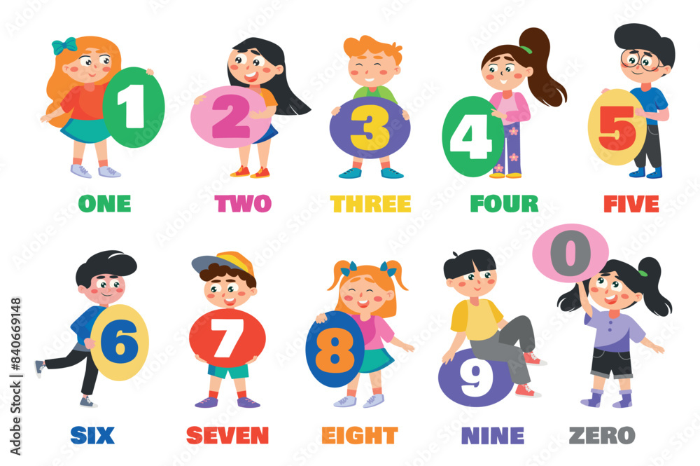Numbers illustration in flat cartoon design. This image shows children holding signs with numbers from one to zero in a bright color palette. Vector illustration. Numbers illustration in flat cartoon design. This image shows children holding signs with numbers from one to zero in a bright color palette. Vector illustration.