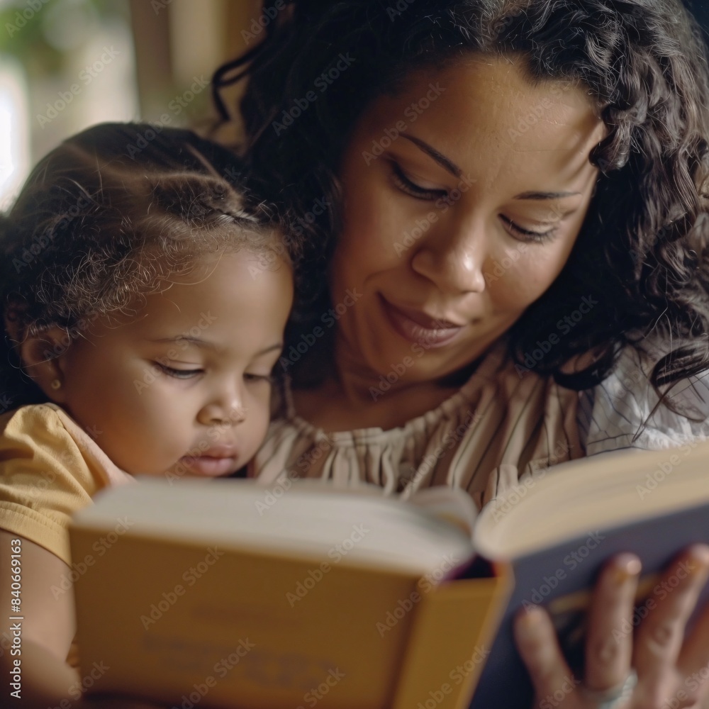 A realistic and professional macro shot of a mother and child reading a book together, captured in 4k resolution with a DSLR camera. The mother's arm is wrapped around the child, both engrossed in A realistic and professional macro shot of a mother and child reading a book together, captured in 4k resolution with a DSLR camera. The mother's arm is wrapped around the child, both engrossed in