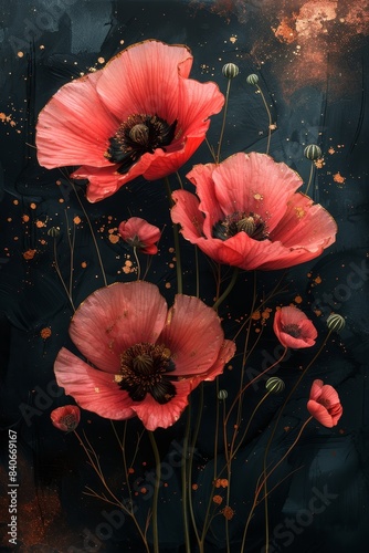 Golden Accents on Delicate Poppy Blooms Against a Dark Background