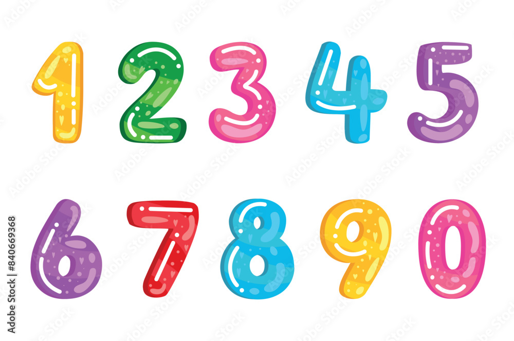 Numbers illustration in flat cartoon design. Colorful jelly numbers are featured in this adorable image on a white background. Vector illustration. Numbers illustration in flat cartoon design. Colorful jelly numbers are featured in this adorable image on a white background. Vector illustration.