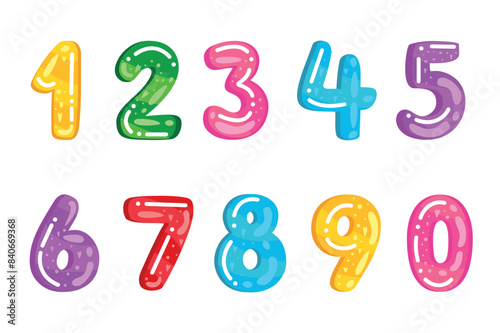 Numbers illustration in flat cartoon design. Colorful jelly numbers are featured in this adorable image on a white background. Vector illustration.