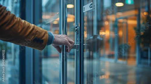  Close-up of a man's hand using a smart access card to open a glass door, showcasing modern security technology in a business setting. photo