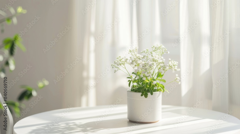 Sunlit Potted Plant on Modern White Table. A small potted plant basking in soft sunlight on a sleek white table, conveying freshness and tranquility in a modern setting. Sunlit Potted Plant on Modern White Table. A small potted plant basking in soft sunlight on a sleek white table, conveying freshness and tranquility in a modern setting.