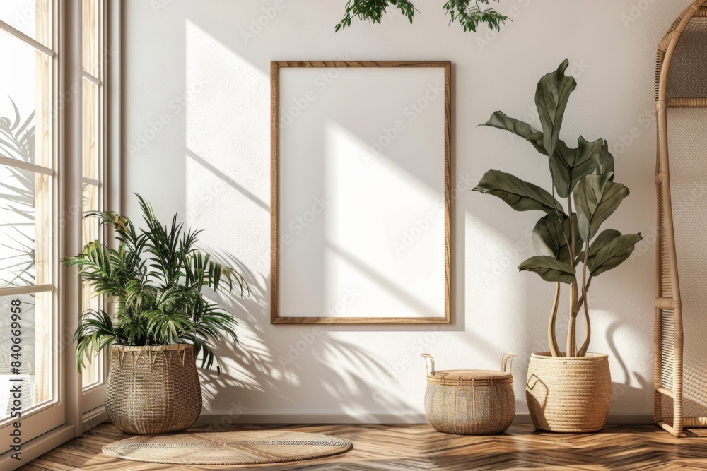 Poster frame mockup in minimalist brown interior created with generative ai Poster frame mockup in minimalist brown interior created with generative ai