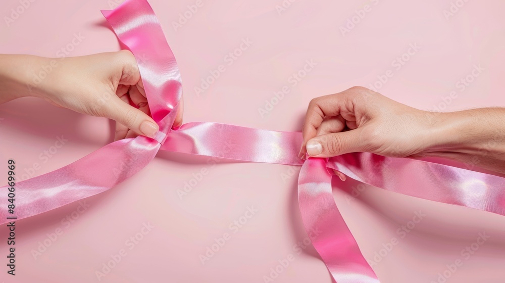 Artistic Hands Tying a Shiny Pink Ribbon. Close-up of hands skillfully tying a bright pink ribbon, highlighting creativity and the beauty of simple gestures Artistic Hands Tying a Shiny Pink Ribbon. Close-up of hands skillfully tying a bright pink ribbon, highlighting creativity and the beauty of simple gestures