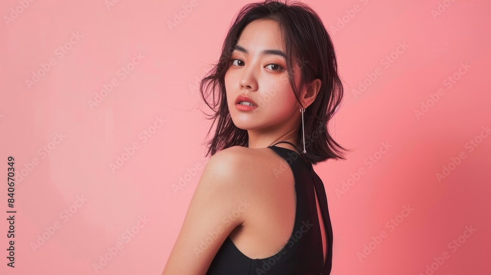 Fashionable Asian woman with a good figure and clear fresh skin, wearing a black trendy dress, posing against an isolated pink background Fashionable Asian woman with a good figure and clear fresh skin, wearing a black trendy dress, posing against an isolated pink background