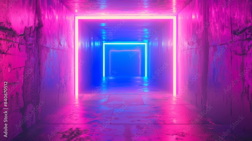 Glowing pink blue neon light tunnel, virtual reality environment, framed with spectrum lines, abstract portal background, fashion stage, empty space, photo realistic, isolated on white background Glowing pink blue neon light tunnel, virtual reality environment, framed with spectrum lines, abstract portal background, fashion stage, empty space, photo realistic, isolated on white background