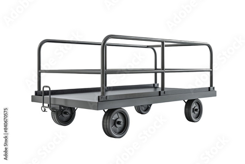 A black and grey cart with a metal railing on a transparent background.