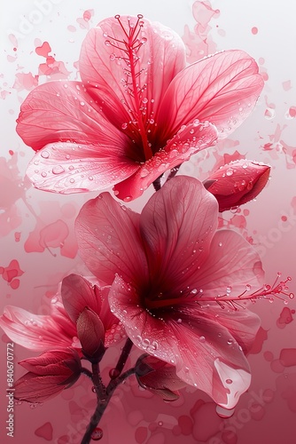 Elegant Pink Hibiscus Flowers With Water Droplets on a Pink Background