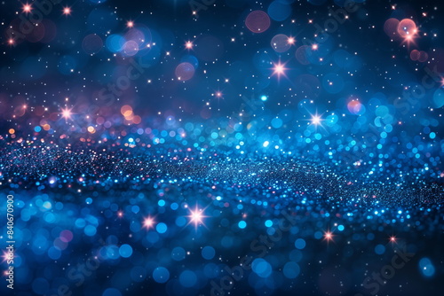 Abstract blue glitter bokeh background with stars