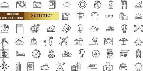 Set of line icons in linear style. Series - Summer and summer holidays. Travel and tourism.