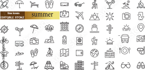 Set of line icons in linear style. Series - Summer and summer holidays. Travel and tourism.