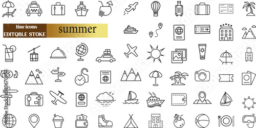Set of line icons in linear style. Series - Summer and summer holidays. Travel and tourism.