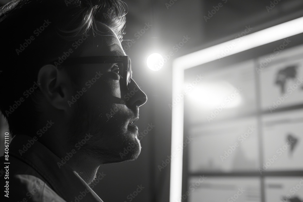 A person sitting in front of a computer screen, focused on his work A person sitting in front of a computer screen, focused on his work