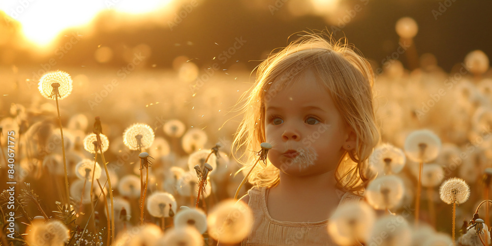 Little girl blowing dandelion seeds in a field during golden hour. Outdoor portrait with natural sunlight. Childhood innocence and nature concept Little girl blowing dandelion seeds in a field during golden hour. Outdoor portrait with natural sunlight. Childhood innocence and nature concept