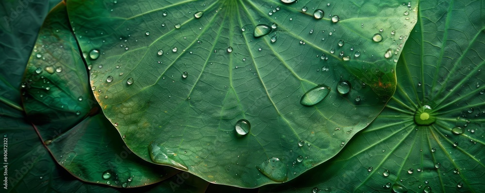 Fototapeta premium Close-up of lush green leaves with water droplets.