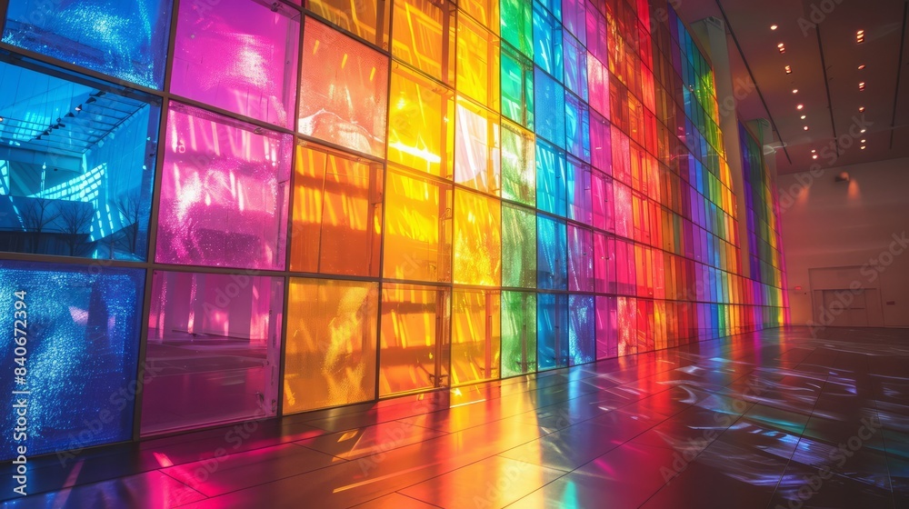 Fototapeta premium A colorful wall with many windows and a rainbow effect