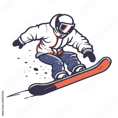 Vector illustration of a snowboarder in action, wearing winter gear and helmet. Ideal for winter sports themes and outdoor adventure projects.