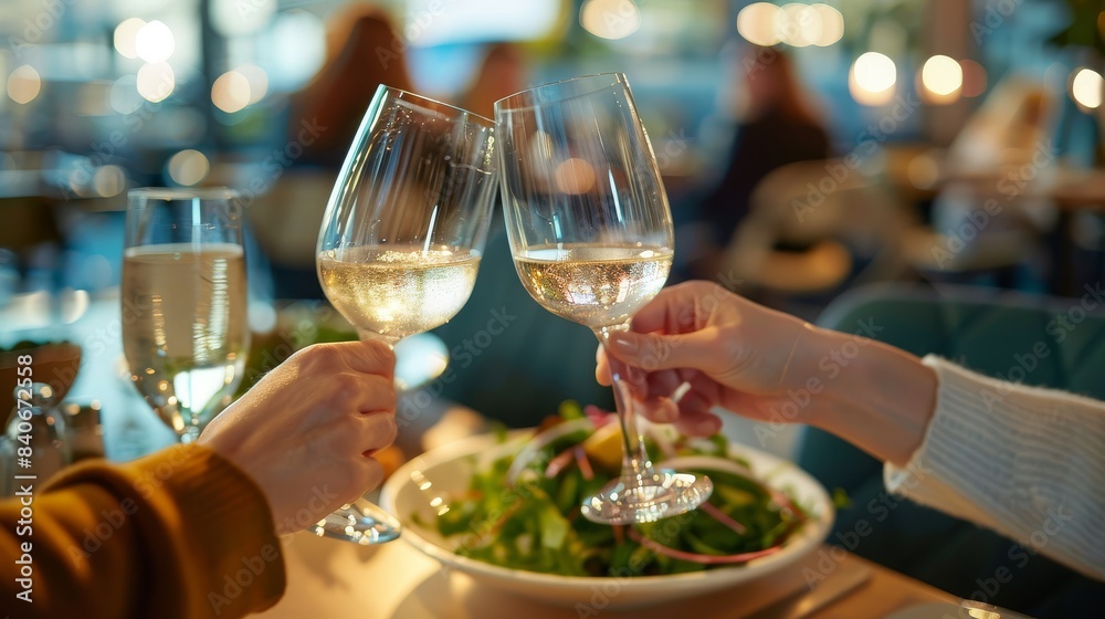Obraz premium Cheers: People Toasting with White Wine in Stylish Restaurant Setting