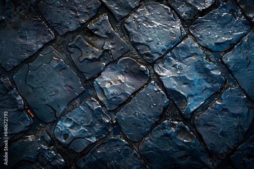 Blue highlights on wet stone floor with stones on dark background. Generative ai