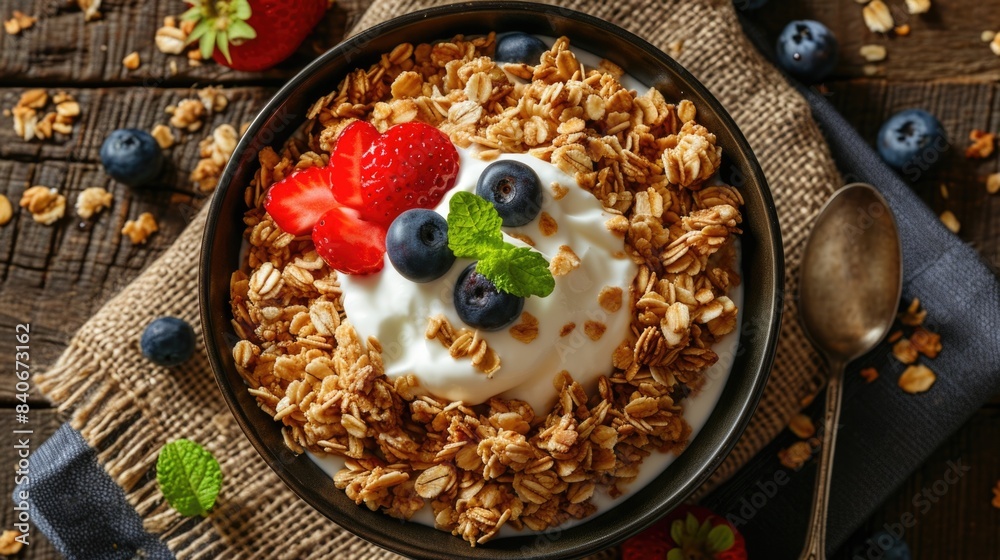 Fototapeta premium A bowl of healthy breakfast with mixed berries and creamy yogurt, suitable for food or lifestyle photography