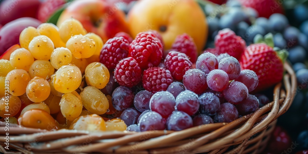 A close-up view of a wicker basket filled with fresh grapes, raspberries, and strawberries A close-up view of a wicker basket filled with fresh grapes, raspberries, and strawberries