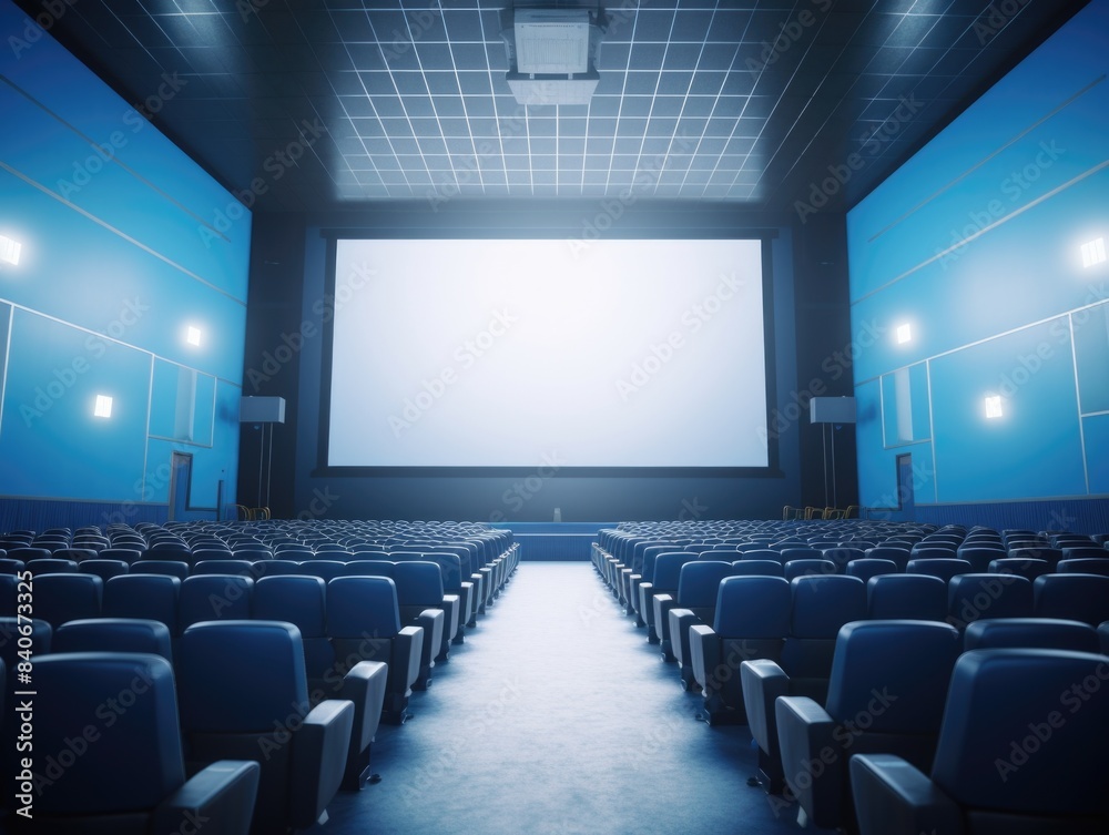 A vacant movie theater with rows of seats and a projector screen, perfect for representing a quiet or abandoned atmosphere A vacant movie theater with rows of seats and a projector screen, perfect for representing a quiet or abandoned atmosphere