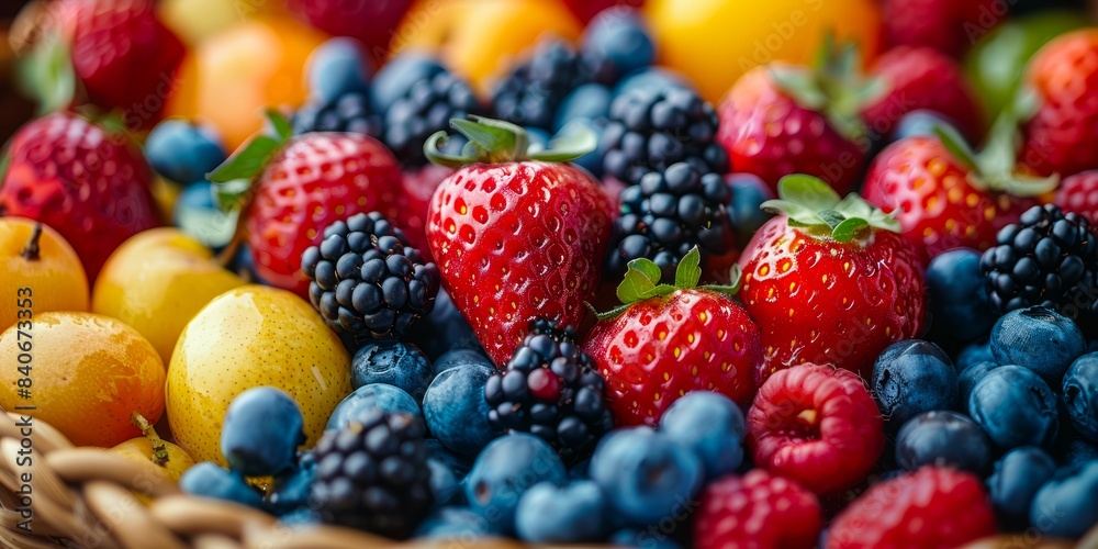 A close-up shot of a variety of fresh fruit, including strawberries, blackberries, blueberries, and yellow plums, in a woven basket A close-up shot of a variety of fresh fruit, including strawberries, blackberries, blueberries, and yellow plums, in a woven basket