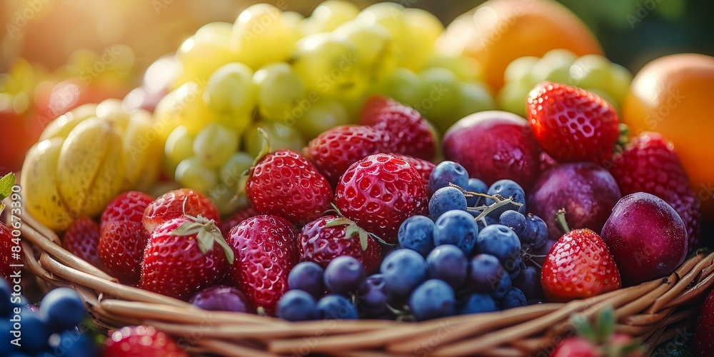 A wicker basket filled with fresh, colorful summer fruit including strawberries, grapes, and plums A wicker basket filled with fresh, colorful summer fruit including strawberries, grapes, and plums