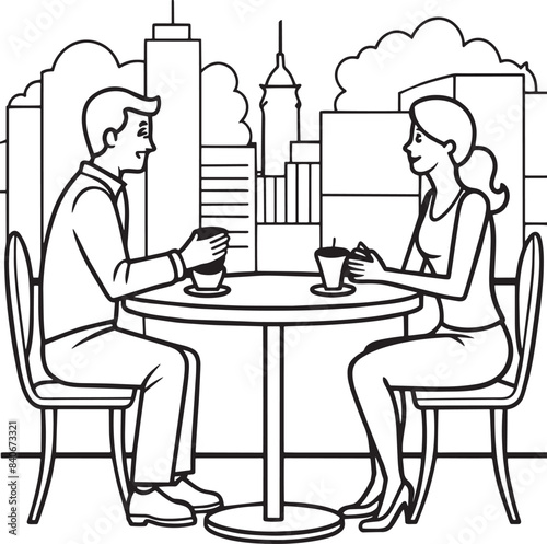 couple in city cafe illustration black and white