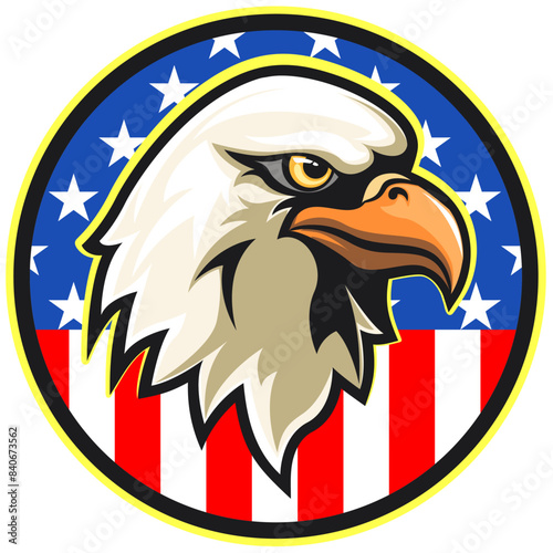 vector mascot illustration a circle of tough american bold eagle heads with an american flag motif in the background, work of hand drawn