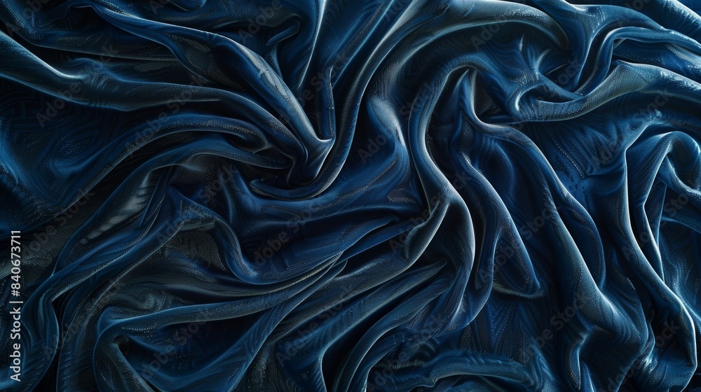 Obraz premium A closeup of dark blue velvet fabric revealing a velvety sheen and intricate swirls reminiscent of cascading waves