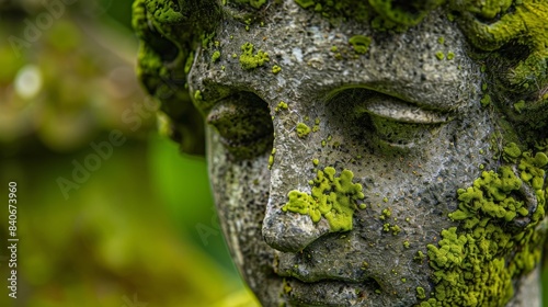 A closeup of a mosscovered statue with fuzzy green tendrils clinging to its features and adding an element of organic texture to the otherwise solid and smooth stone © Justlight