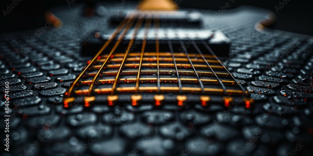 A close up shot of the strings on an electric guitar, with water droplets on the fretboard A close up shot of the strings on an electric guitar, with water droplets on the fretboard