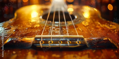 A close-up of a wooden acoustic guitar bridge with strings, soundhole, and water droplets in focus photo