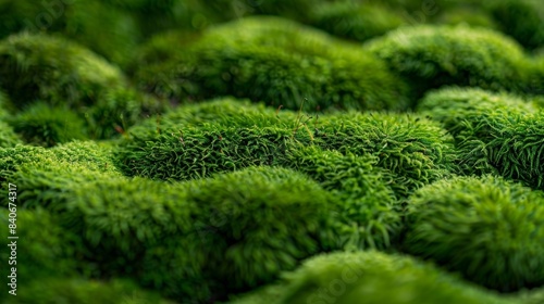 The soft cushiony texture of moss with its plush layers and tered patches of vibrant emerald green