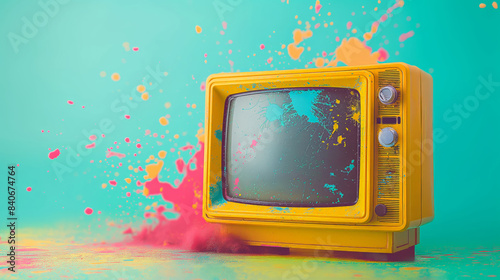 Creative and unique view of a vintage retro television from the 80s in lemon yellow color surrounded by colorful liquid on a gentle mint blue background, capturing the style of wild 80s parties