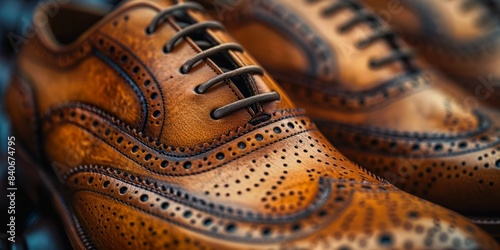 A close-up image of the front of a pair of brown leather brogue shoes with laces