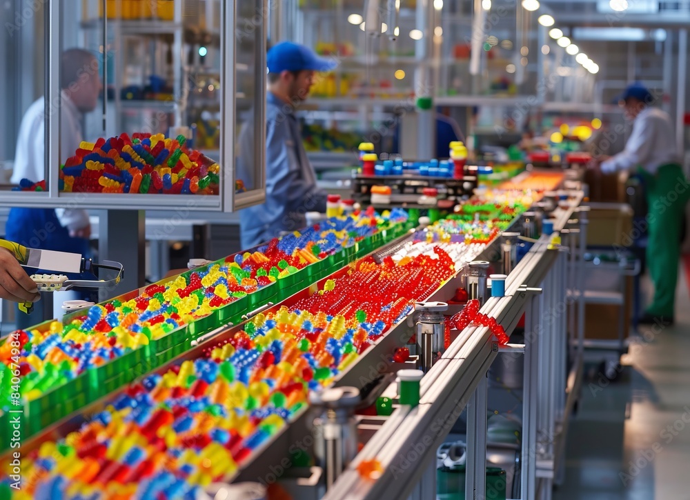 Obraz premium Assembly line creating toy parts, workers ensuring quality, colorful toy manufacturing facility